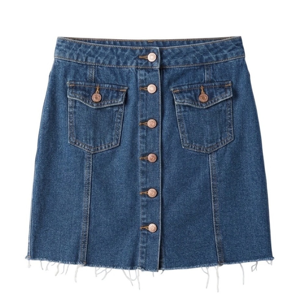 Forever 21 Premium Denim Button Front Raw Hem Mini Skirt Blue Womens Medium‎